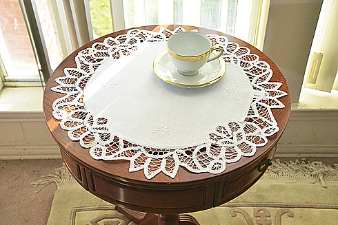 White Princess Battenburg Lace 18" Table Toppers. ( 2 pieces)